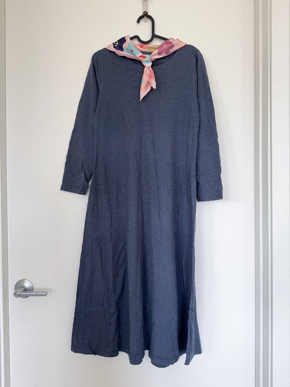 Navy Blue Midi Dress with Floral Bandana, Long sleeve, Minimal Style